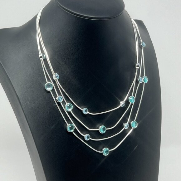 Silver Tone with Turquoise Blue Colored Crystals 4 Strand Chain Necklace - Picture 6 of 11